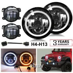 7'' Round LED Halo Headlights + 4'' Fog Light Kit For 2007-2017 Jeep Wrangler JK