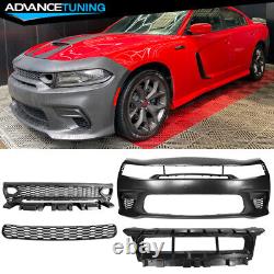 Fits 15-22 Charger Front Bumper with SRT Style Upper Lower Grille Foglight Cover