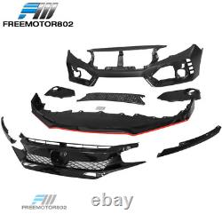 Fits 16-21 Honda Civic Type-R Style Front Bumper Cover + Glossy Grille + Red Lip