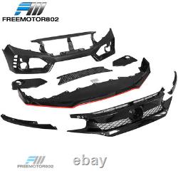 Fits 16-21 Honda Civic Type-R Style Front Bumper Cover + Glossy Grille + Red Lip