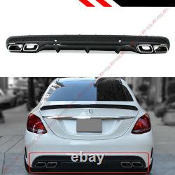 For 15-2020 W205 Sedan C63 Style Blk Rear Bumper Diffuser + Chrome Exhaust Tips